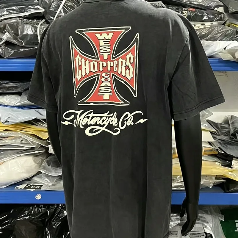 West Coast Choppers T Shirt Red Cross Print High Street Loose Casual American Trendy Clothing Short Sleeve Men Women