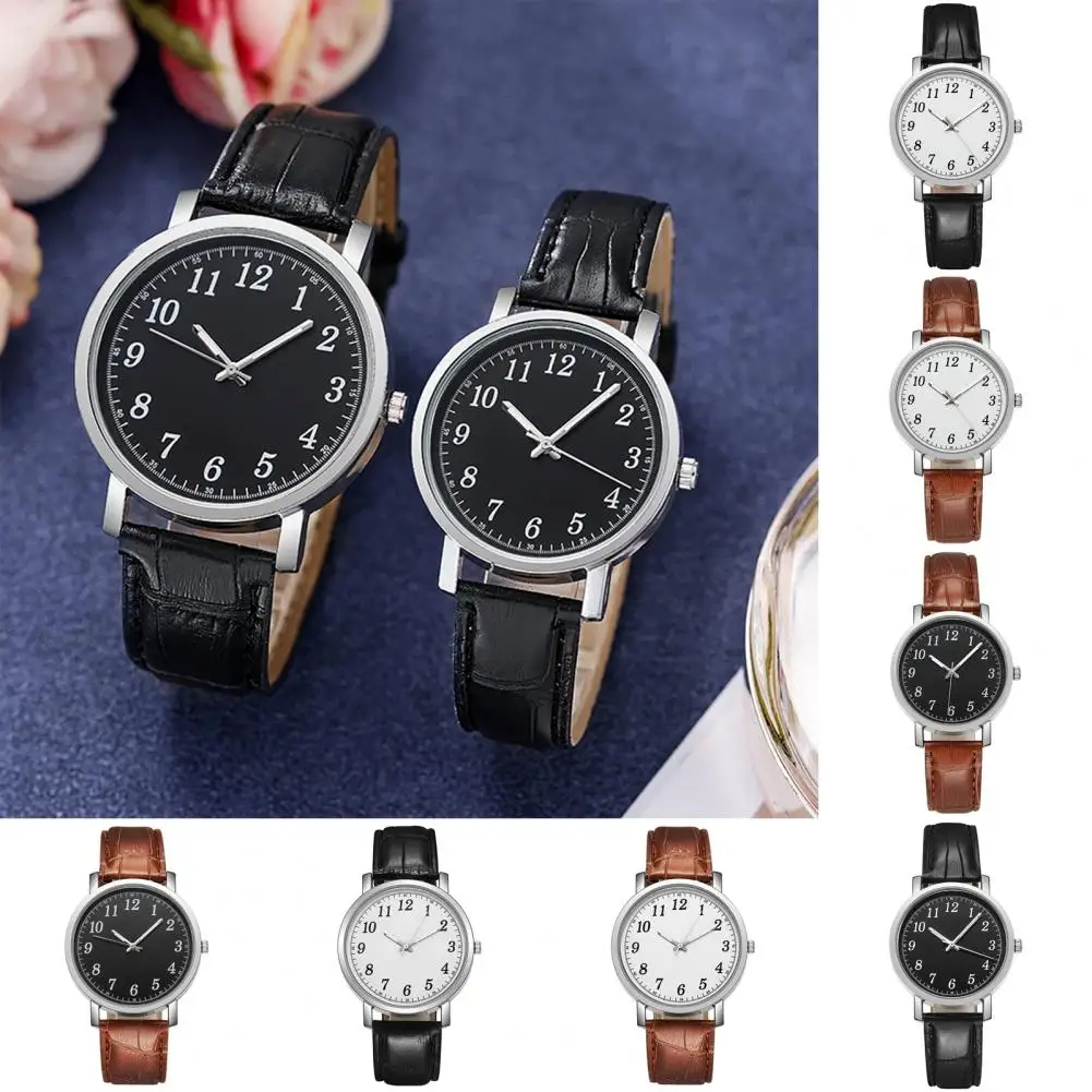 Couple Watch Round Battery Operated Faux Leather Strap Elegant 3-Hand Birthday Gift Adjustable Men Women Quartz Wrist Watch