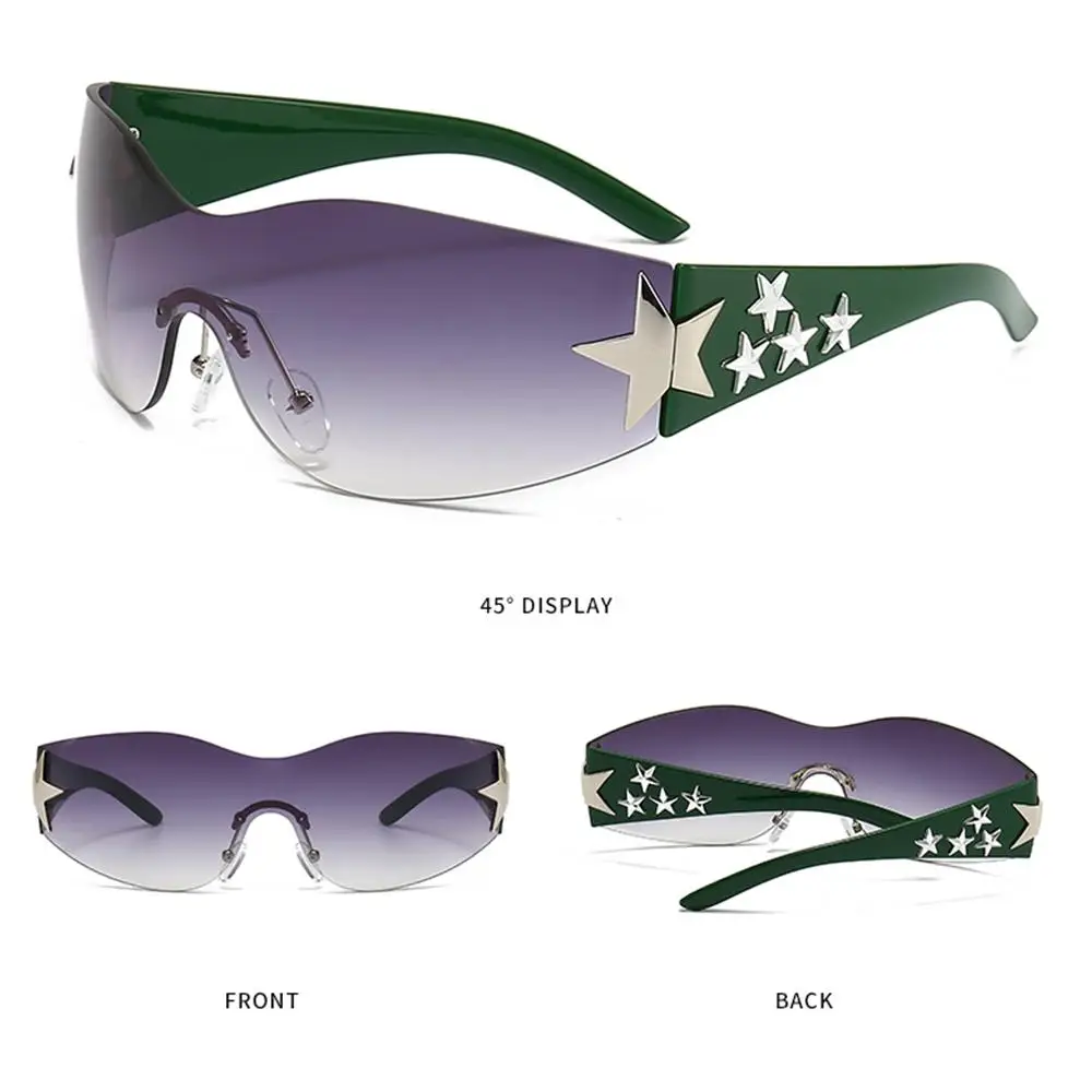 ผู้หญิงและผู้ชายแฟชั่น Shades UV400 ป้องกันแว่นตากันแดดสีดํา Rimless Y2K แว่นตากันแดดพันรอบดาวตกแต่งดวงอาทิตย์แว่นตา