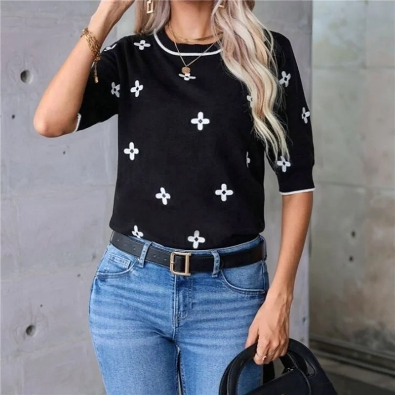 ABRT-Tops de verano para mujer, suéteres de manga corta informales elegantes, Tops de punto con cuello redondo, blusa holgada, camisas básicas