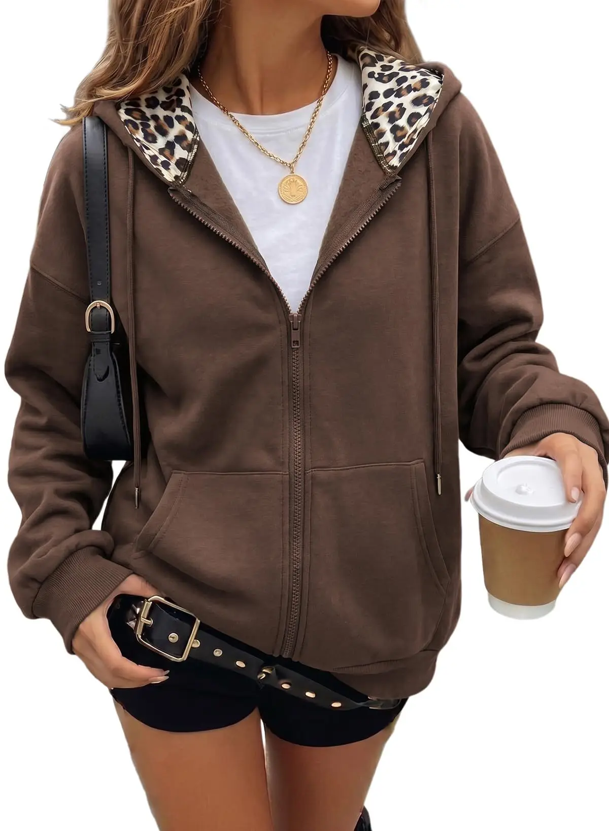 Women's Full Zip Hoodie with Leopard Hood Lining Oversized Long Sleeve Jacket Winter Warm Fleece Lined Sweatshirt Streetwear