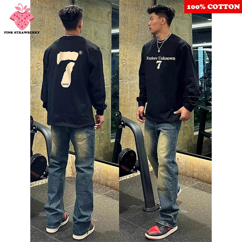 

American style Number 7 Print T-shirt Men's Autumn 2025 New White Long sleeves Loose Black Workout Shirt Y2k Top Mens clothing