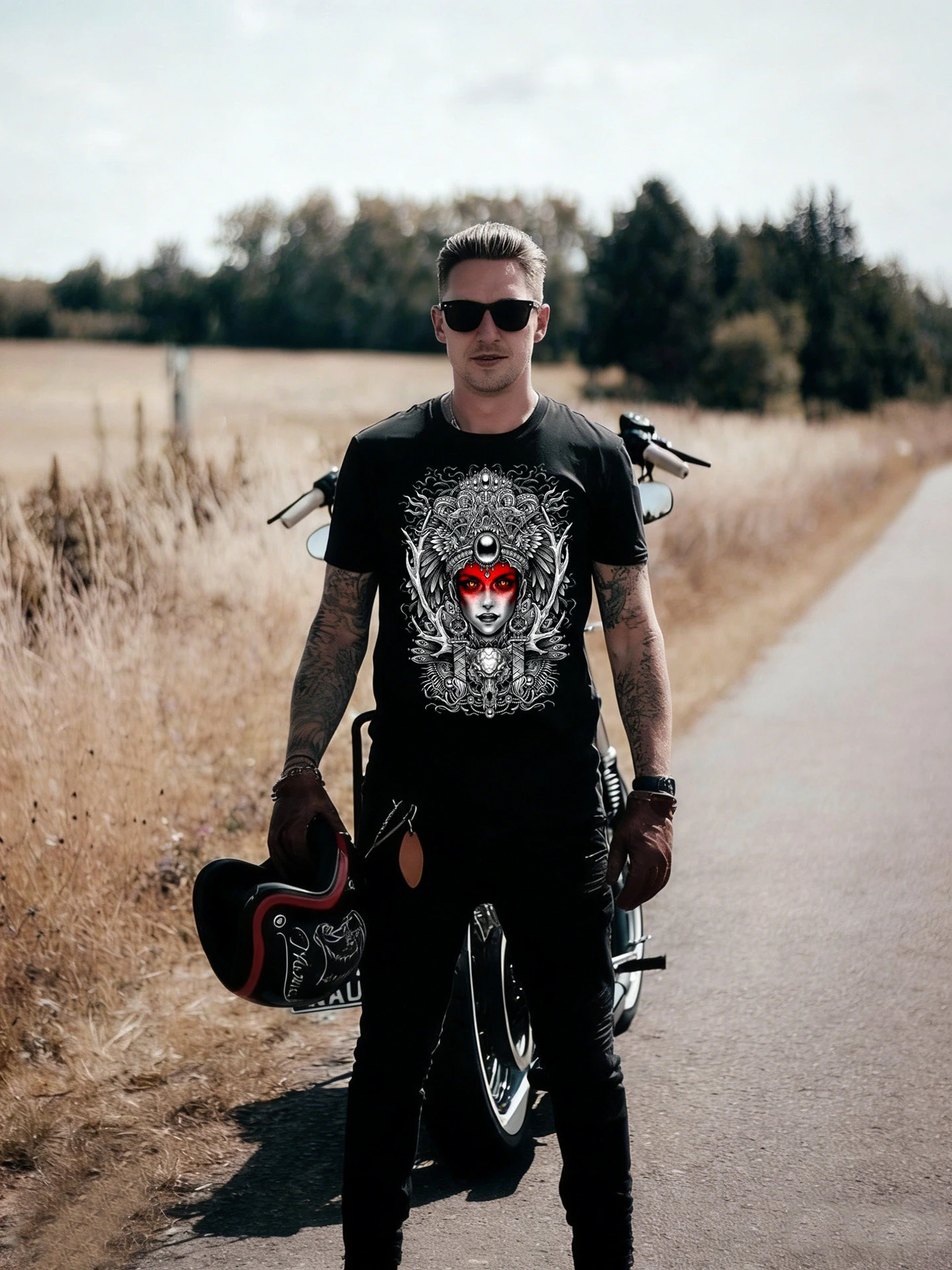 2026 Dark Fantasy Style Illustration Rock Mysterious Shift Beauty Print Short-sleeved T-shirt Male Black Fashion Brand American