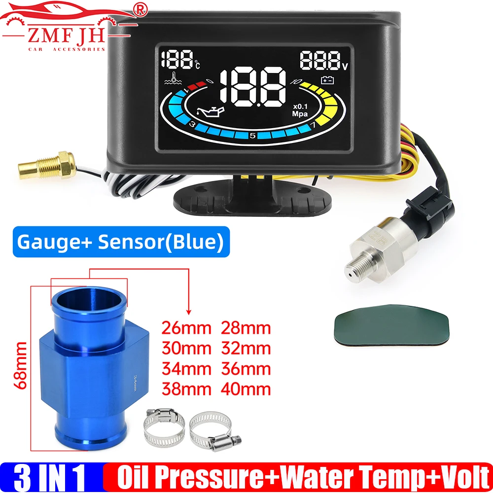 ZMFJH Multifunctional Digital LCD Gauge Car 3IN1 Oil Pressure+Water Temperature Meter+Voltage with Alarm Sensor Adapter 26-40mm
