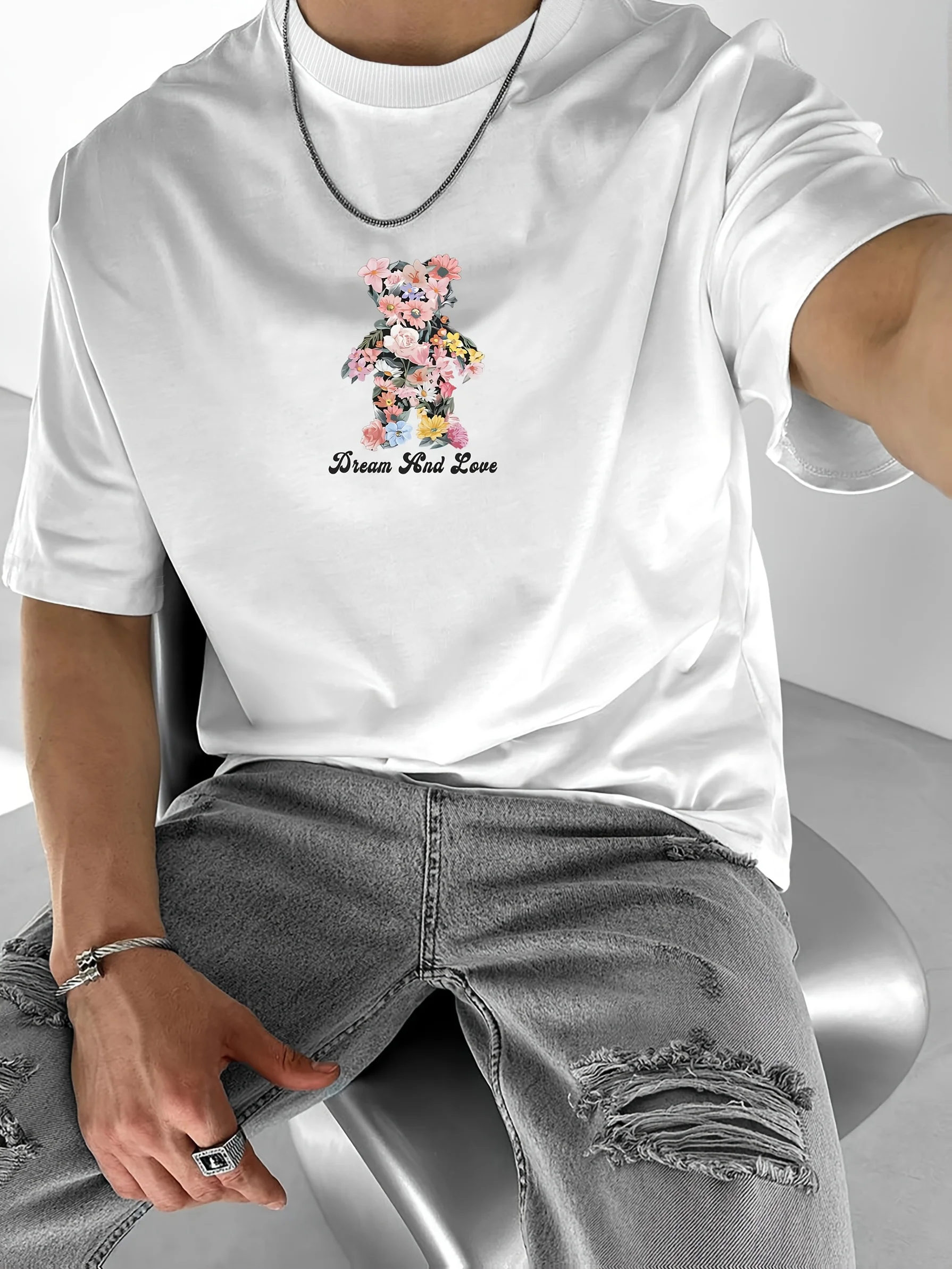 

Y2K Floral Bear Graphic Printing Summer Autumn Winter Luxury Brand Pure Cotton Men's and Women's T-shirt Short Sleeve Outdoor