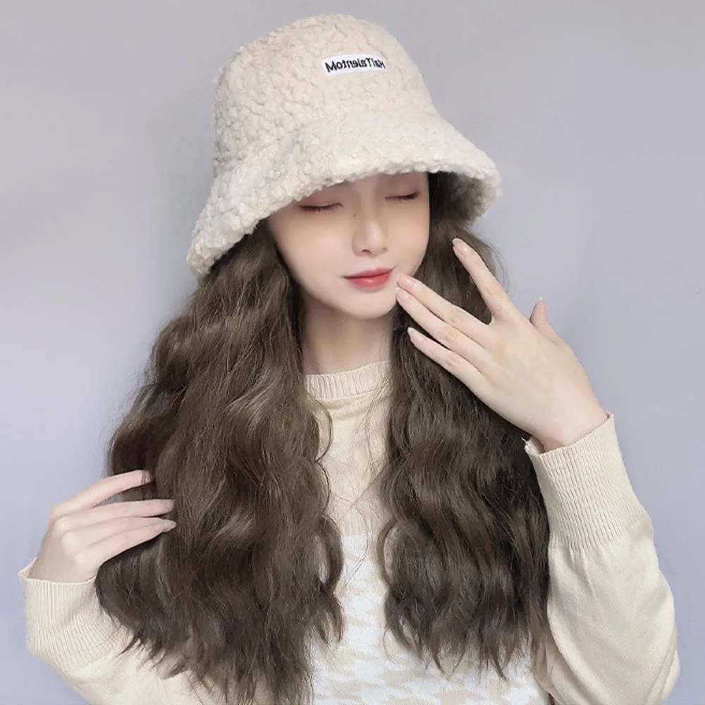 Highlight Color Long Wavy Hair Hat Wig Wear And Go Hat Wigs for Women Winter Warm Lambswool Floppy Cotton Hats with Hair