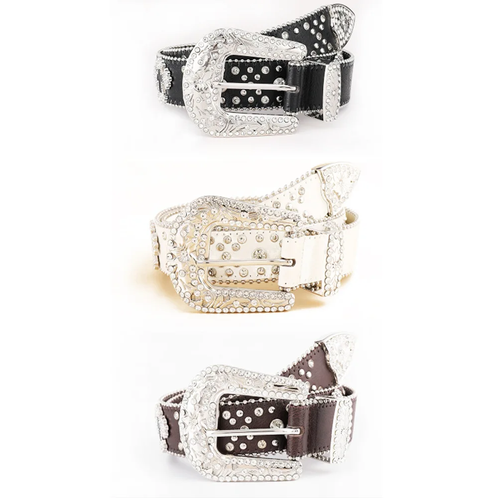 Bohemia Rhinestone Leather Rivet Belts Women, Glitter Vintage Cross Black Metal Decorative Fastener Buckle Belt for Woman