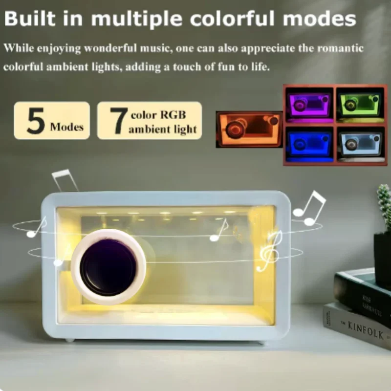 Mini Speaker Transparente Visível Bluetooth com Relógio, Cartão Portátil, Leitor de Música Sem Fio, Desktop LED Lâmpada Atmosfera, Ornamentos