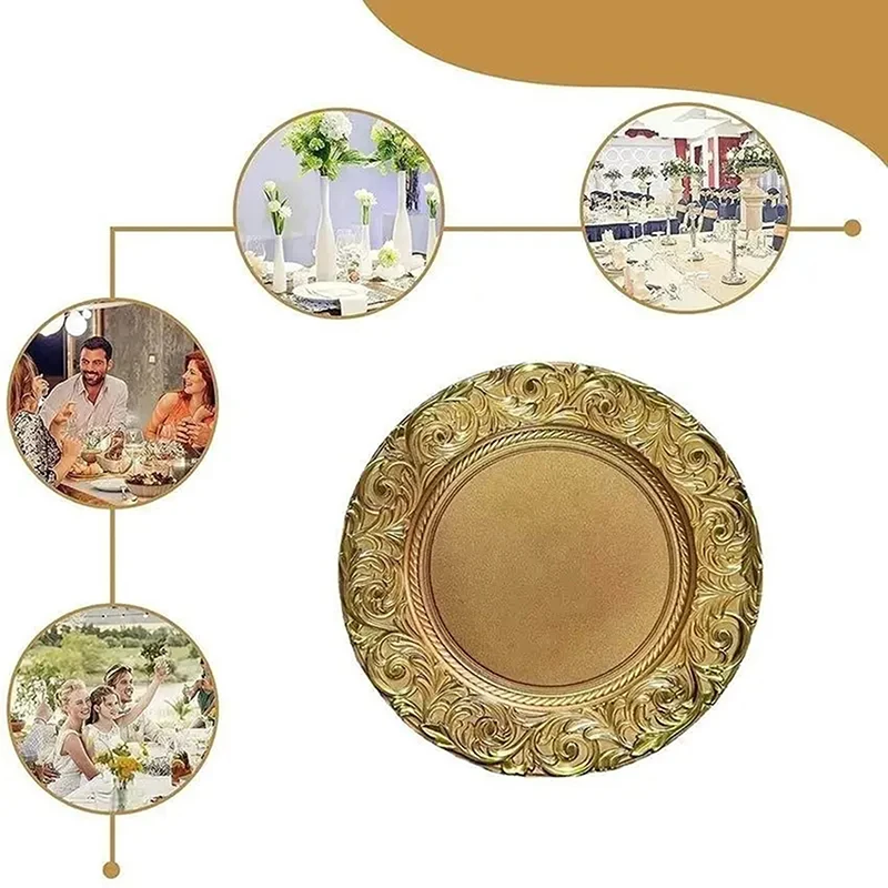 لوحة شاحن ذهبي، طبق خدمة ديكور بلاستيكي، صينية تقديم لحفلات العشاء وحفلات الزفاف وأعياد الميلاد والولائم