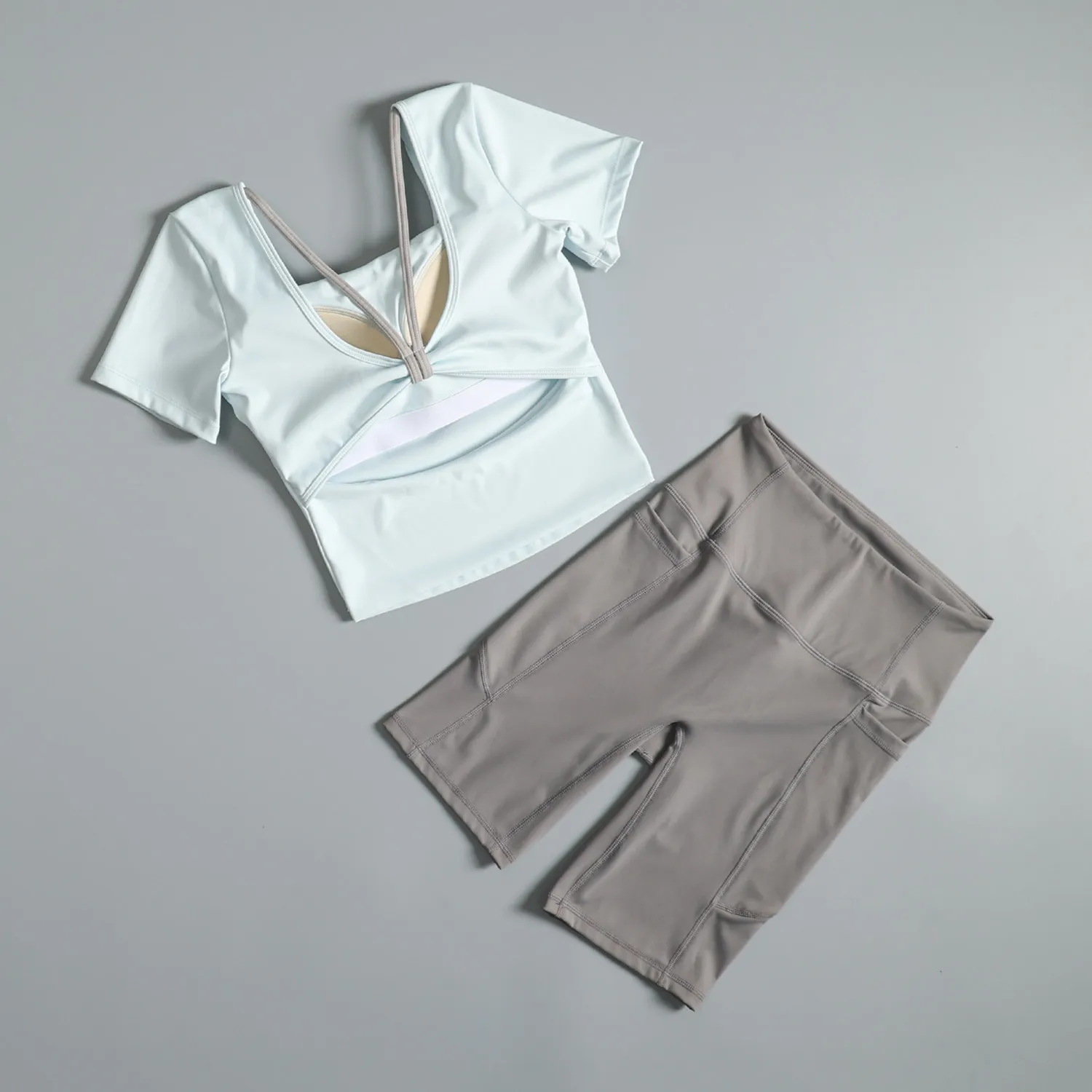 

Yogacycling clothing suit for women in summer with hollow beautiful back sports training with chest pad short-sleeved high-waist