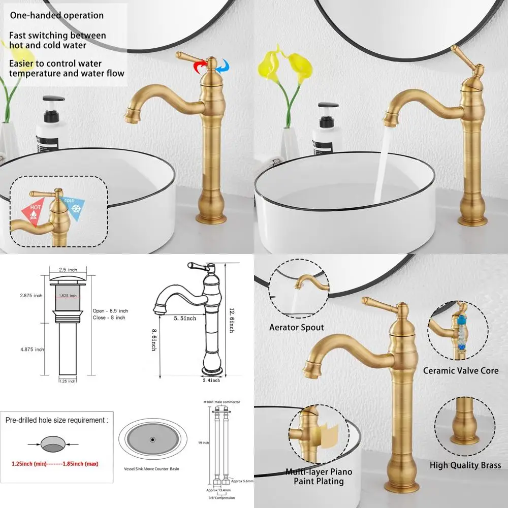 

Antique Brass 360° Swivel Single Handle Vessel Sink Faucet with Pop-Up Drain