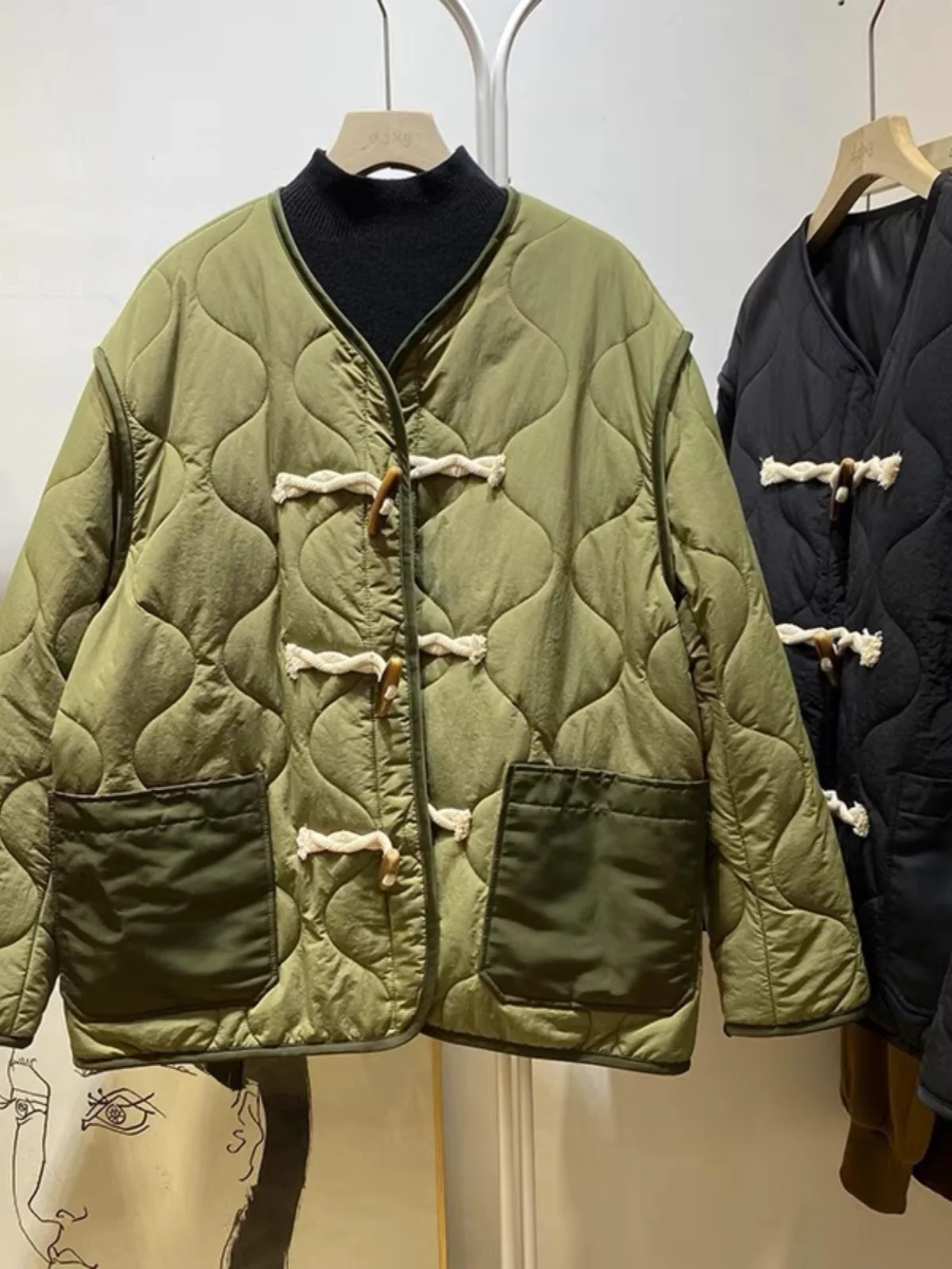 

Sli Cotton Jaet Women's Autumn Winter Faionable Workwear Coat with Horn Buttons Trendy V-ne Thi Long Sve