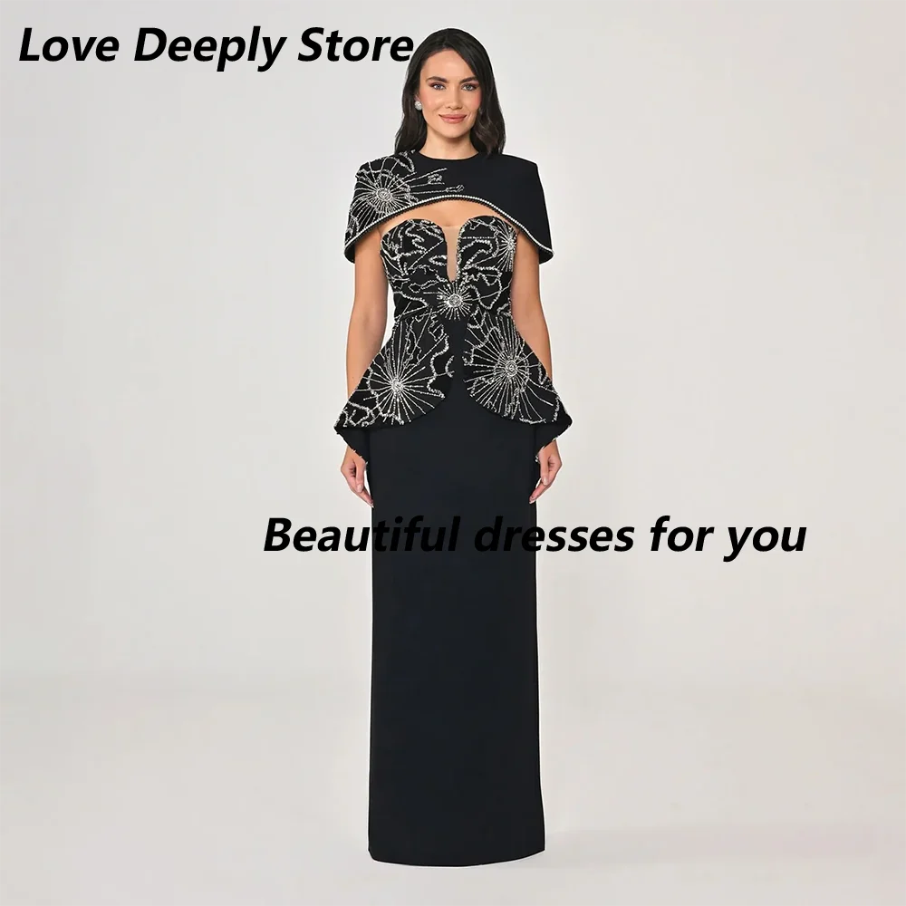 Customized Black Formal Evening Dresses Cloak O-Neck Elegant Wedding Guest Gowns Luxury Bead Crystal Straight Prom Dress