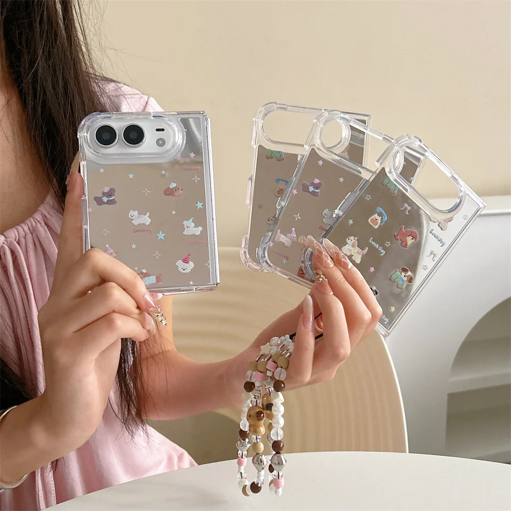 New Korea Ins Cartoon Mirror Stars Dog Phone Case For iPhone Duo Foldable Protective Cover Cute Cases Shockproof with Chain
