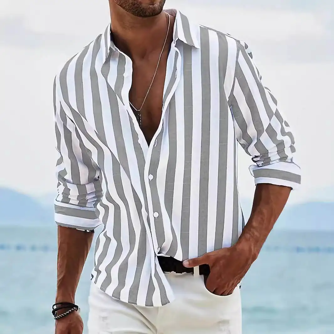 

High-End Men's Casual Loose Long Sve Color-Woven Stripe Cotton Linen irt Comfortable Breathable Sli Autumn Faion