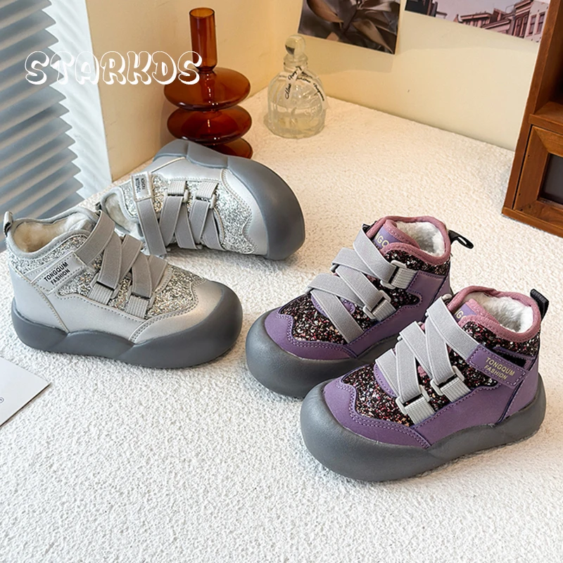 

Фиолетовые, серебряные блестящие высокие меховые кроссовки для девочек, повседневные теплые плюшевые полусапожки, детская зимняя блестящая спортивная хлопковая обувь