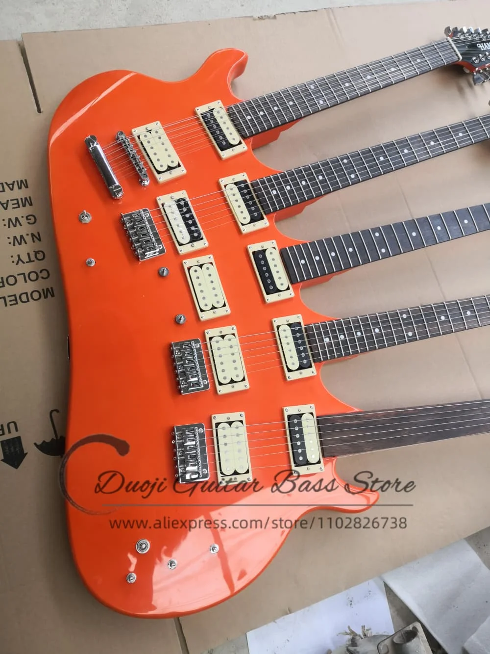 Five-neck guitars, orange-red large-sized guitars, capable of playing only two neck,fixed bridge,chrome hardware