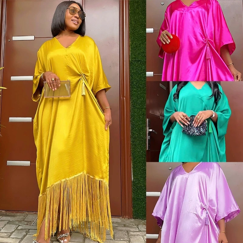 

African Dresses for Women Spring Autumn African Women Three Quarter Sleeve Polyester Solid Color Long Dress Maxi Dress