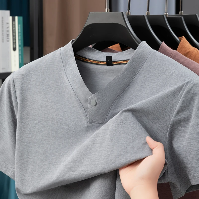 Summer Solid Color Men's Breathable V-neck Short Sleeved T-shirt Half Sleeved Versatile Top