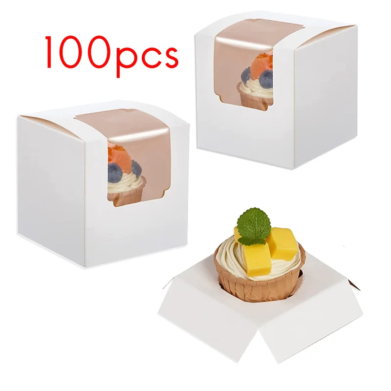 100Pcs White Cupcake Box Individual with Insert, Small Single Favor Pastry Treat Boxes with Clear Window