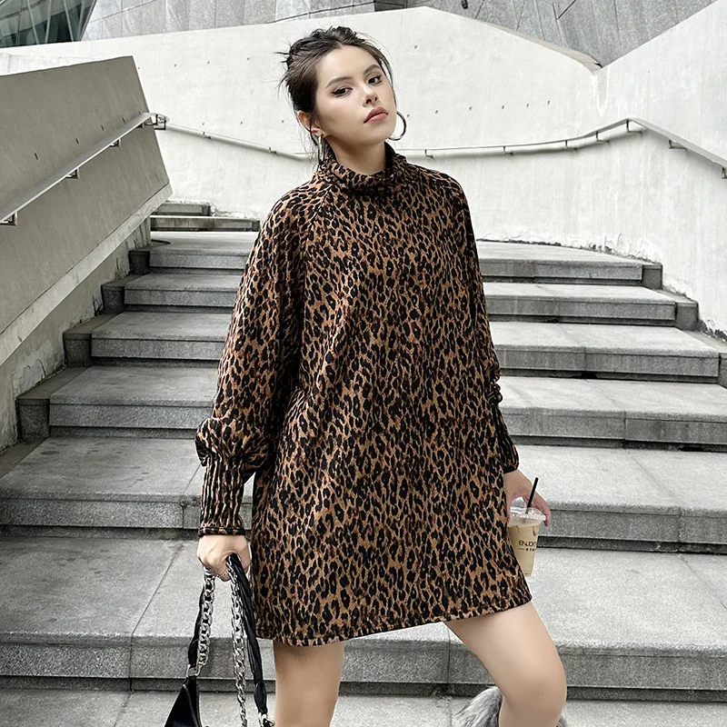 Vefadisa 2025 Spring Autumn New Coffee Leopard Printed Women T-shirts Turtleneck Long Sleeved Mid-length T-shirts ZXY1391A