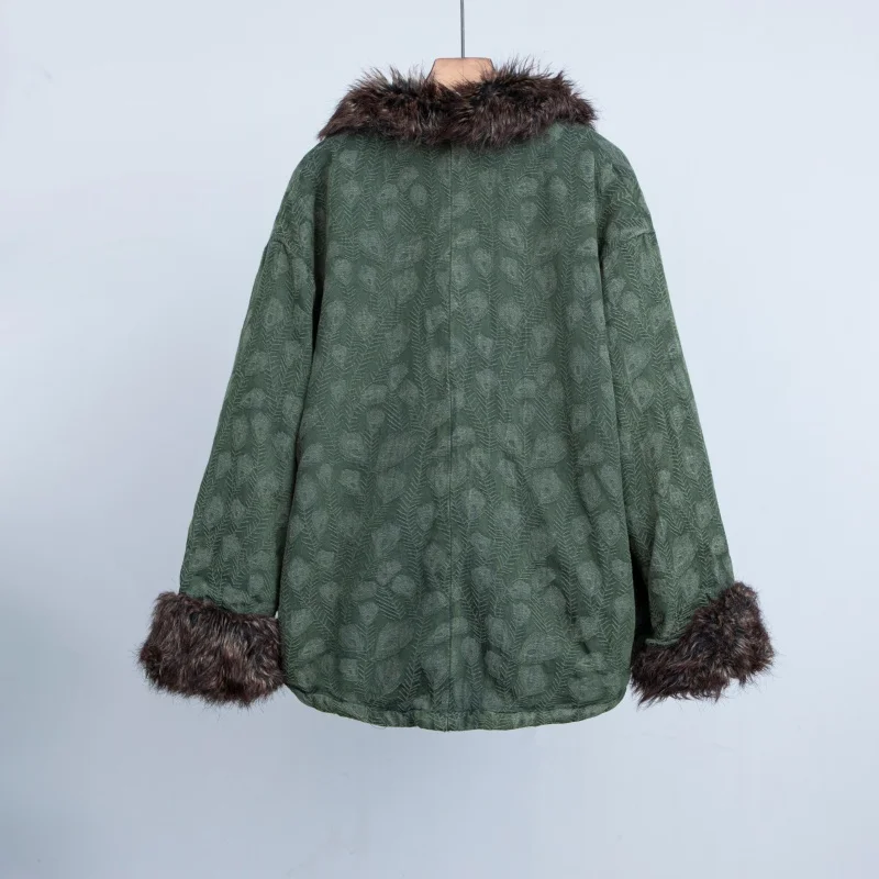 سترة قطنية مطبوعة عرقية عتيقة، معطف مبطن كبير الحجم مع ياقة فرو للنساء، ملابس خارجية بوهيمية شتوية دافئة بأربطة #2