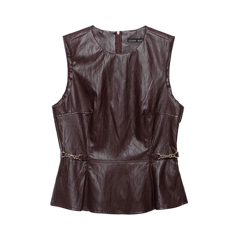 Women's Fashion Faux Leather Vest Top And Skirt Set with Buckle Design Mid-Length Sleeveless Four Seasons Wear Brand New