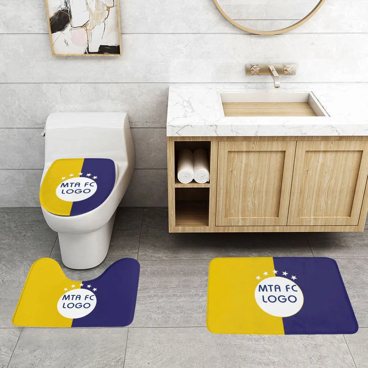 Maccabi-Juego de alfombrillas para el baño, Juego de 3 piezas, almohadillas antideslizantes, alfombrilla de baño, contorno en forma de U, tapa de inodoro