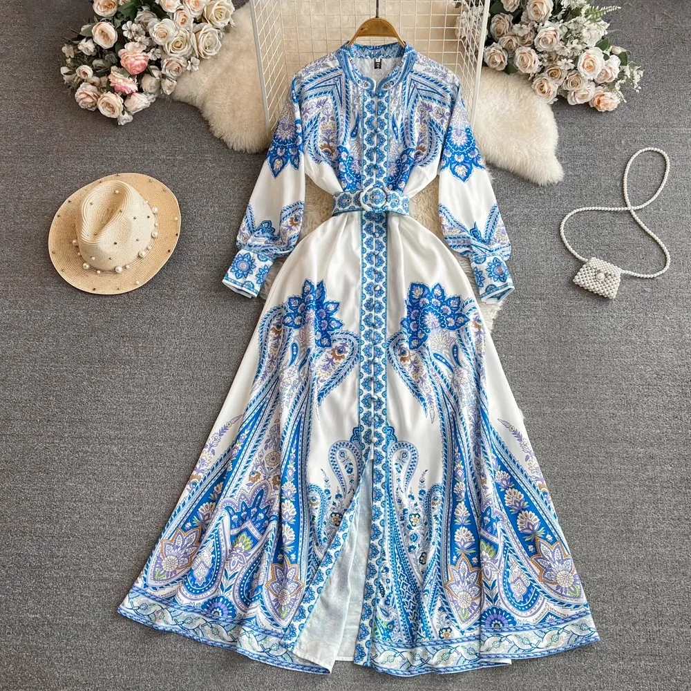 

2024 New Fashion Women Spring Summer Print Holiday Style Beach Stand Collar Lantern Sleeve Belt Casual Boho Dresses