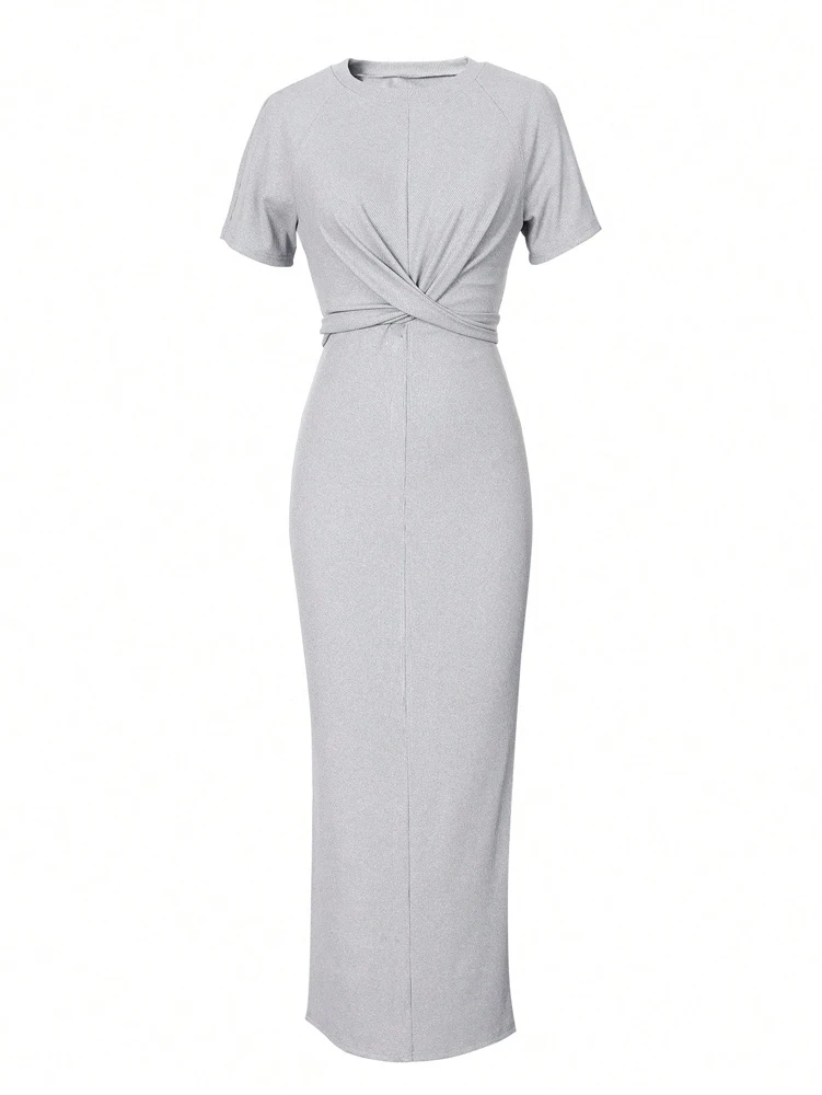 Women Round neck Chest Crossed Waist short sleeve Side split medium-length dress Homecoming Valentine's Day Elegant