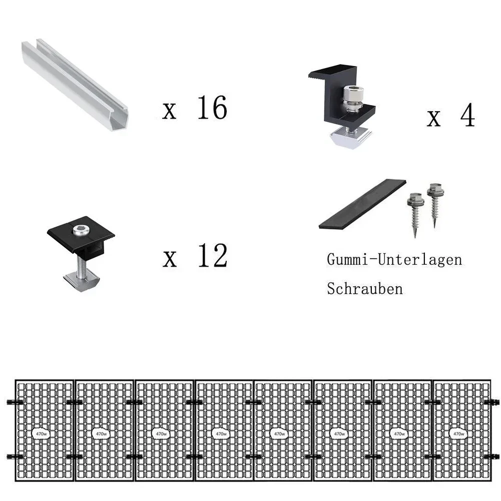 PV Solar Module Bracket Mounting Rail Kit Aluminium Rail Flat Roof End/Middle Clamp Set 20cm Length 30-35cm Adjustable Clamp