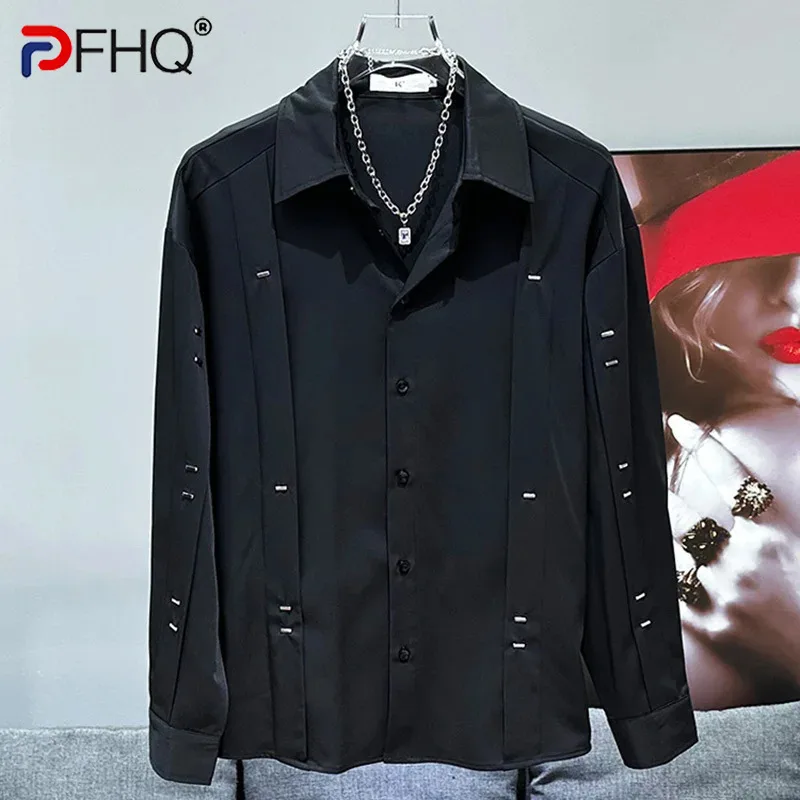 PFHQ Trendy Fashion Metal Decoration Design Men's New Casual Versatile Shirt 2024 Solid Color Turn-down Collar Tops 21Z5400