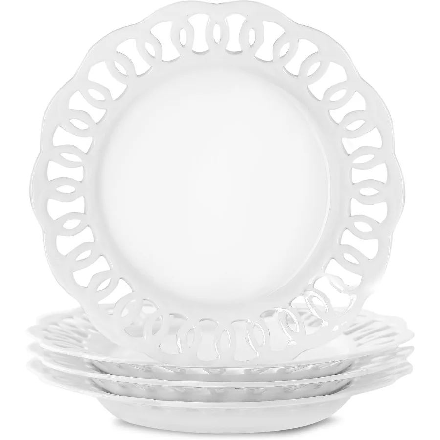 

4 Pack 10 Dinner Serving Plates with Lace Rim and Unique Hollow Out Design Scolloped Edge New Bone Porcelain Round Tableware Pl