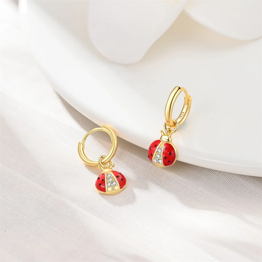 Beautiful 925 Sterling Silver Gold Ladybug Earrings For Women\'s Rock Party Jewelry Accessories