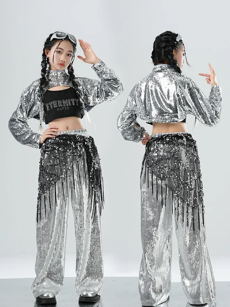 Teenager Hip Hop Dance Tank Top Sequines Pants Kids K-pop Jazz Dance Street Dance Clothes Children Girl Jazz Group Costumes