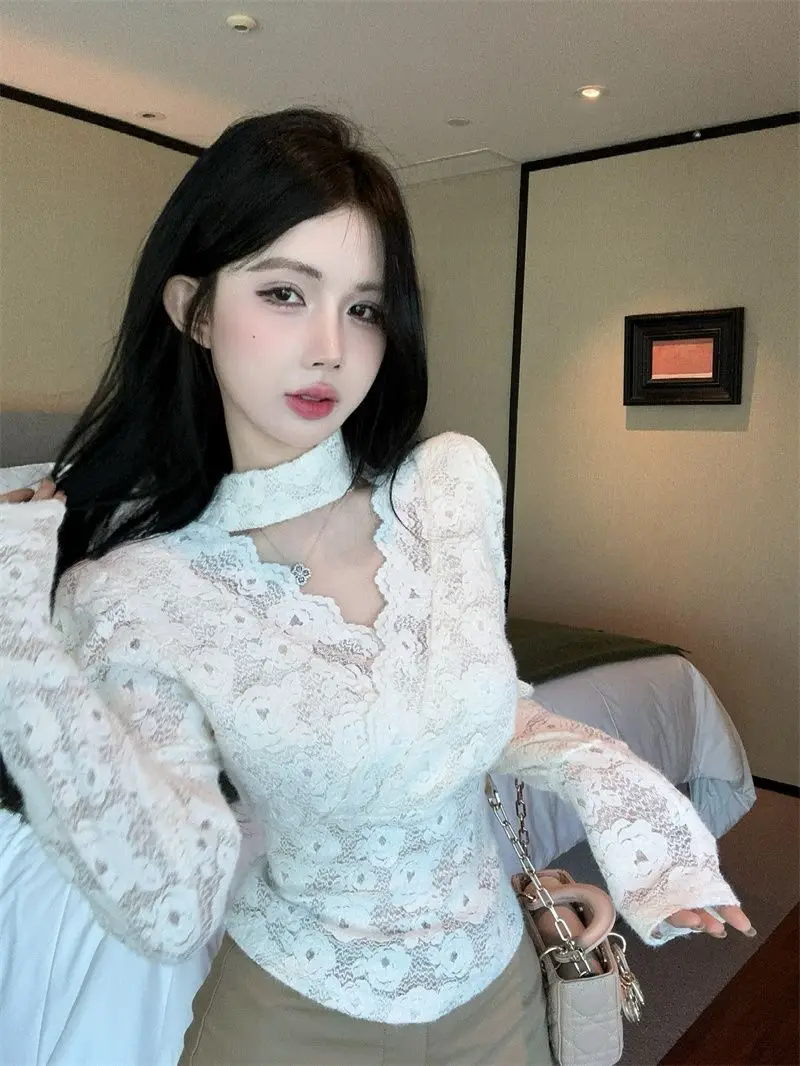 New Pure Desire Style Lace Dopamine Hollow Small Shirt Korean Edition Slim Short Top Long Sleeve Bottom Shirt for Women