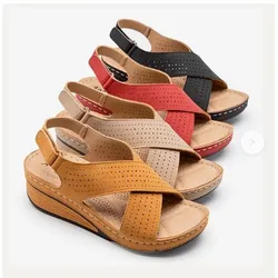 Women Shose Summer 2022 Casual Leather Sandals 2 Retro Sandalis Women Plus Size Hollow Wedges Sandals
