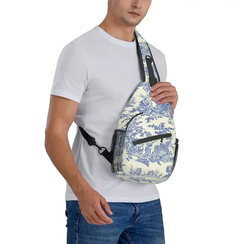 Mochila cruzada De hombro para hombre, bolso De pecho con motivo De Toile De Jouy, color azul marino tradicional, bandolera personalizada para ciclismo, Camping y día