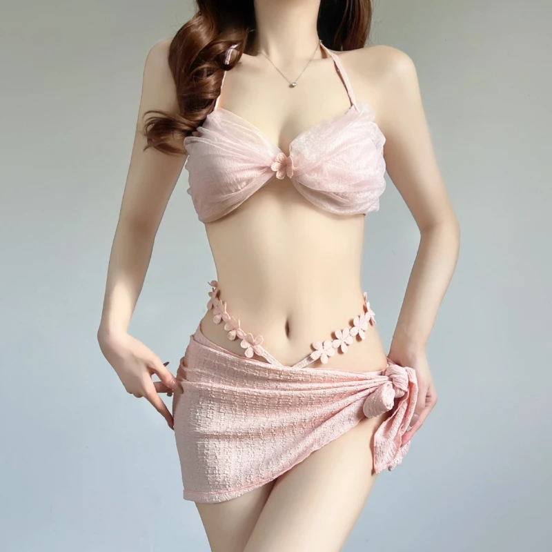 Swimsuit Women's Two-piece Fairy Style Sexy Hot Spring Skirt Style Three-dimensional Flower Ribbon Swimsuit
