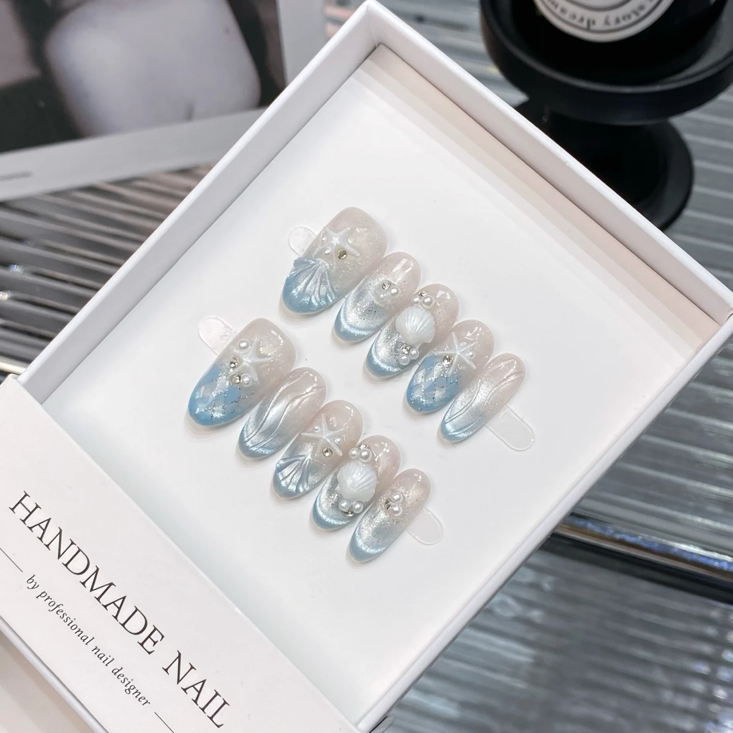 

10Pcs Handmade Press on Nail Ice Blue Ocean Star Ice-transparent French False Nail for Women&Girl Shell Decoration Wearable