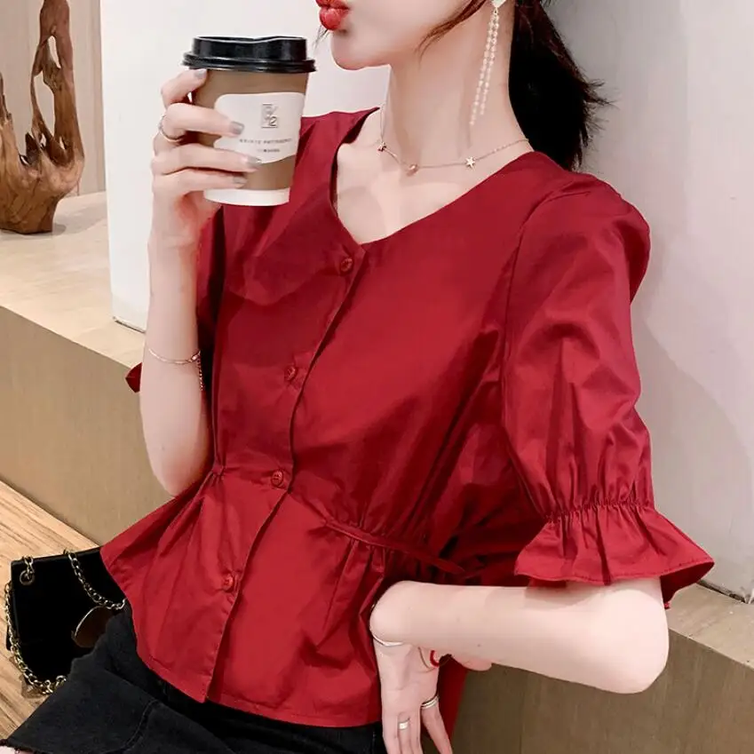 2022 New Summer Women Blouse Blusas Korean Fashion V Neck Single-breasted Slim Lacing Up Half Sleeve Shirts Tops s30