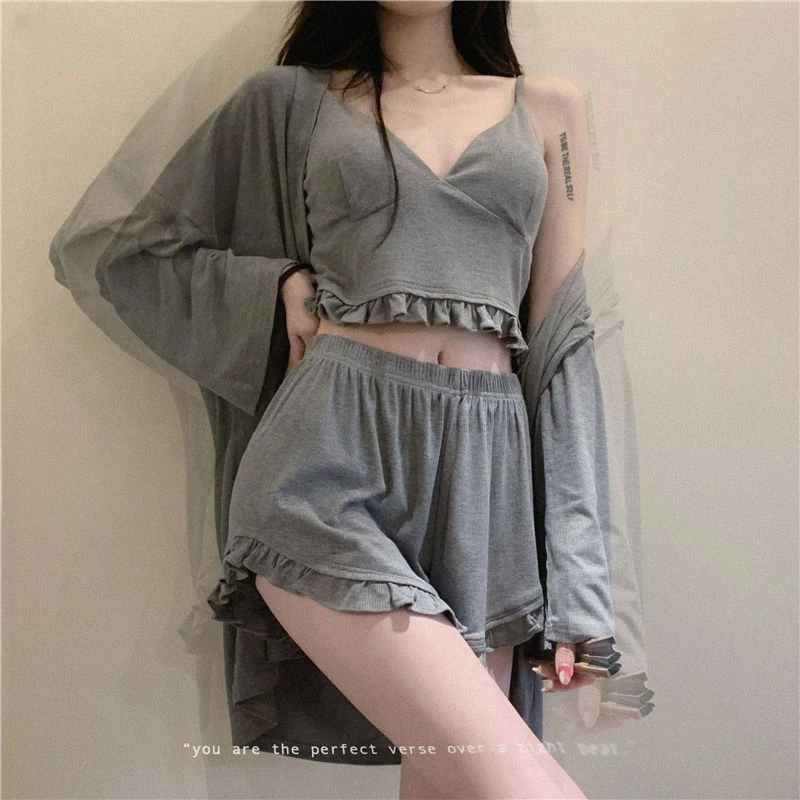 Pajamas Set with Chest Pad Girls Instagram Sexy Halter Homestays Long Sleeved Pajamas Three-piece Set Spring and Summer