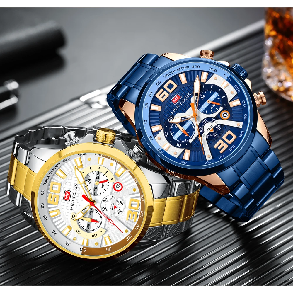 MINI FOCUS 0336 ساعات كوارتز للرجل متعدد الوظائف التقويم مضيئة مقاوم للماء حزام الصلب ساعة رجال الأعمال الأنيقة
