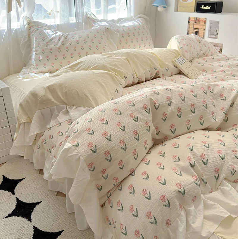 

Korean Princess Floral Cotton Bedding Set Washed Bed Skirt Duvet Cover Bed Linen Ruffle Lace Cream Small Fresh Queen King Sheets