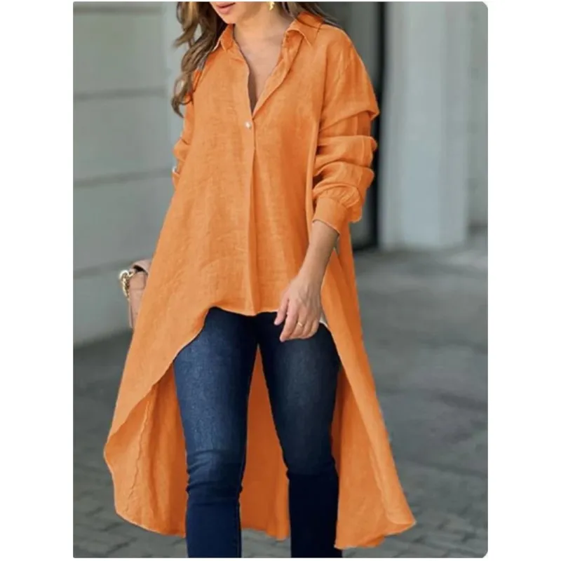 Autumn New Women's Irregular Shirt Fashion Solid Color Long Sleeve Single-row Buckle Loose Long Tops Ladies Spring Basic Blouses