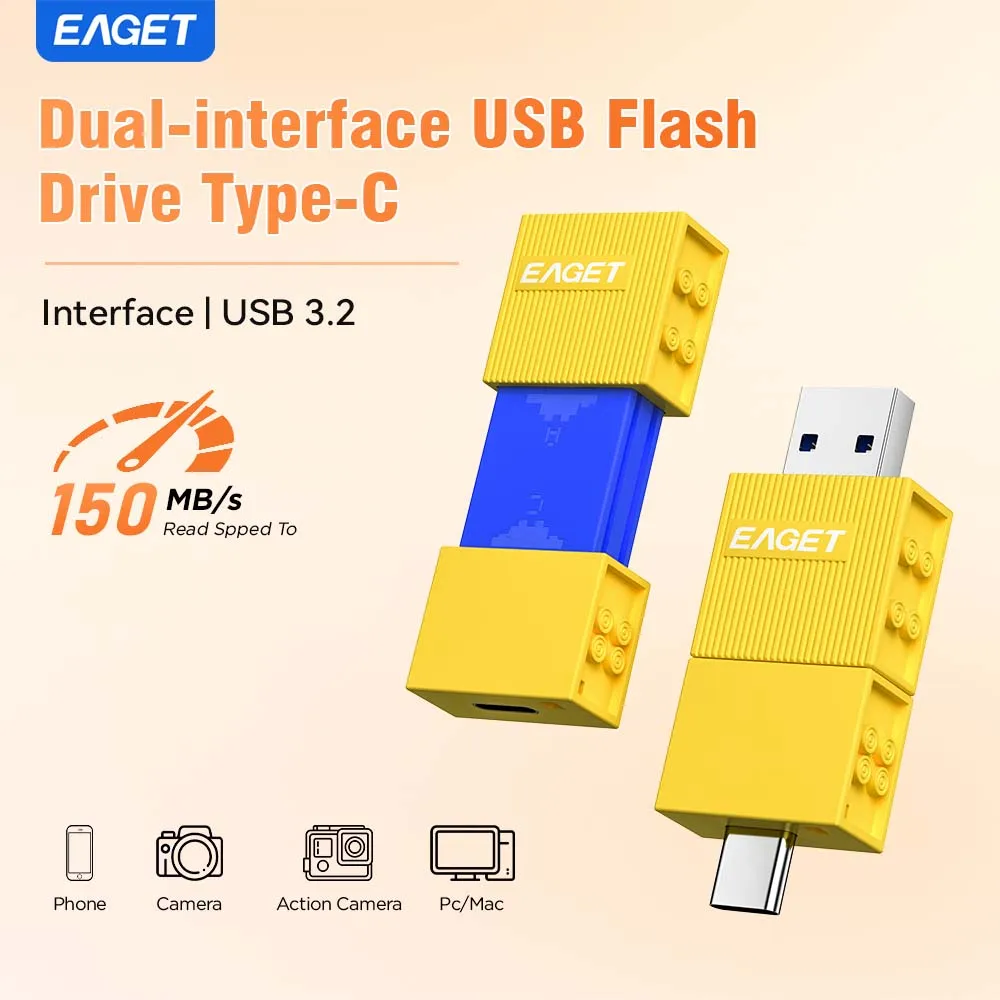 EAGET CF50 Modular Building‑Block USB Flash Drive USB‑A & Type‑C Dual‑Port USB3.2 OTG Pendrive, 150MB/s High‑Speed Memory Stick