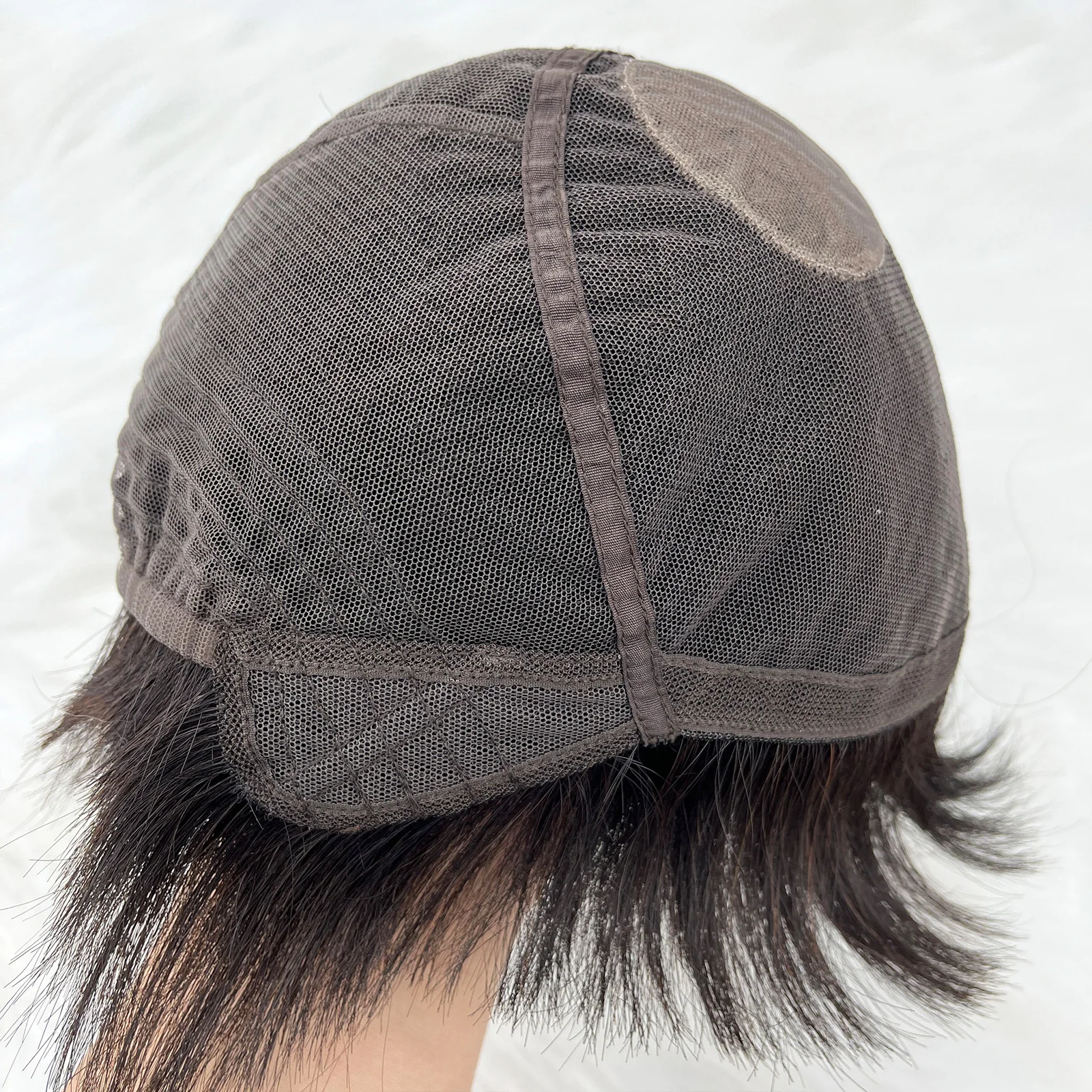 شعر مستعار قصير بوب 100% شعر بشري حقيقي بني داكن مستقيم كامل اليد مربوطة الدانتيل قاعدة الحرير تاج علوي مع الانفجارات الهوائية للنساء #4