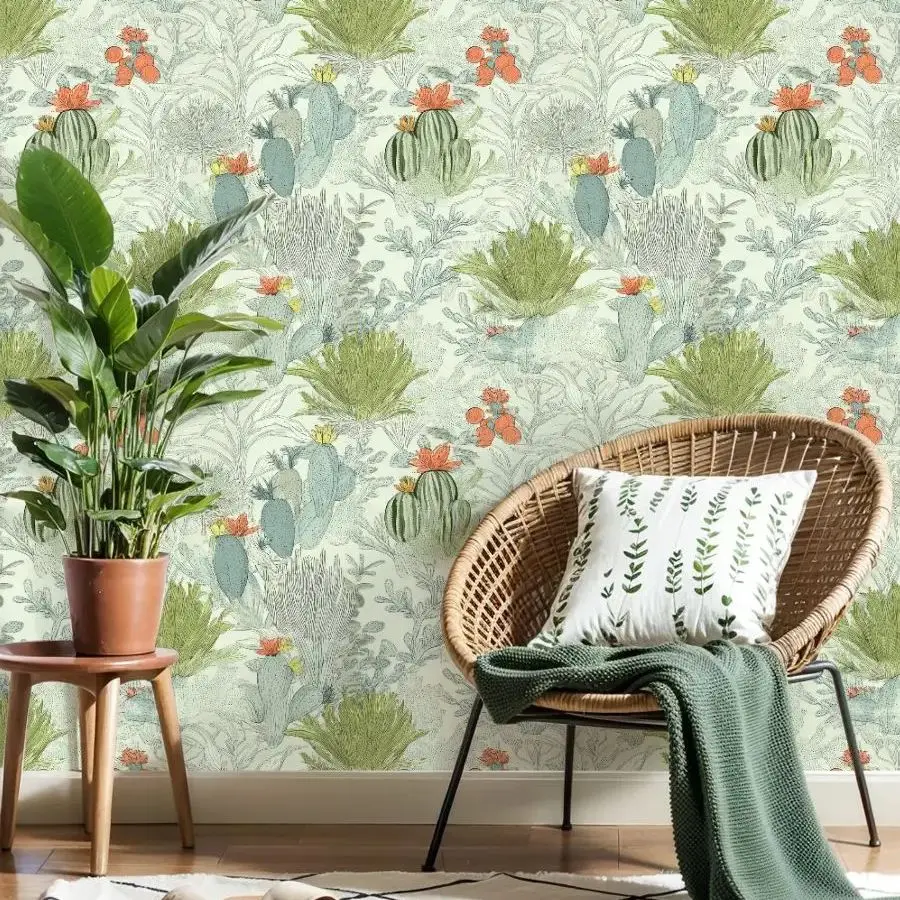 

Ручные нарисованные ботанические обои с кактусом 22,83 "X 118" водонепроницаемые обои для гостиной/спальни/ванной комнаты ПВХ стикер на стену