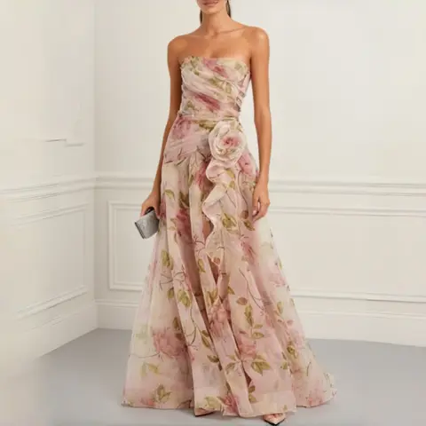 Women Strapless Sweetheart Prom Dress Watercolor Floral Organza 3D Flower Ruffle Slit Floor Length Formal Wedding Guest Dress