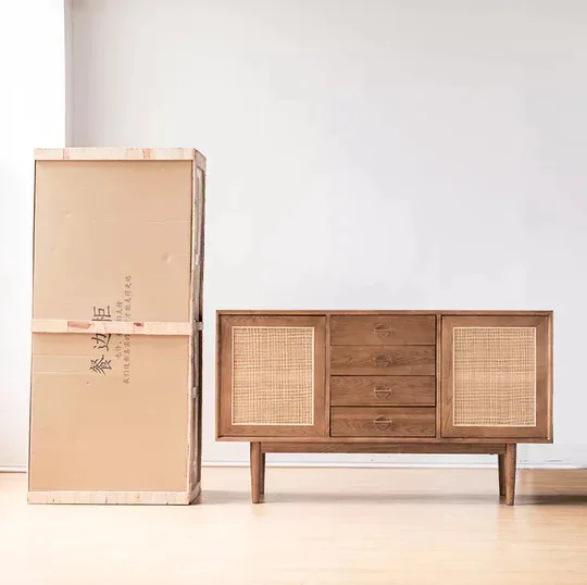 Household multi-functional rattan dining side cabinet multi-functional ash wood solid wood double door complete chest cabinet